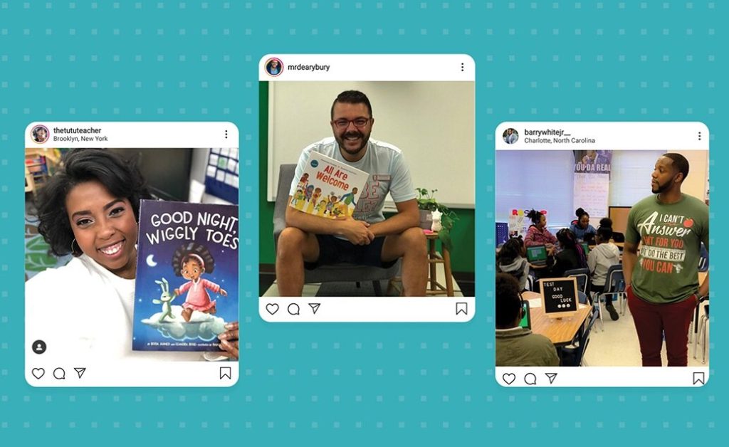 Three Instagram-style posts showing teachers with children's books in different classroom settings.
