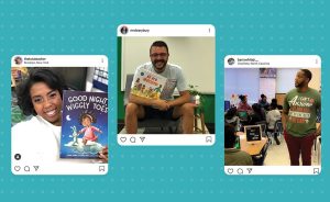 Three Instagram-style posts showing teachers with children's books in different classroom settings.