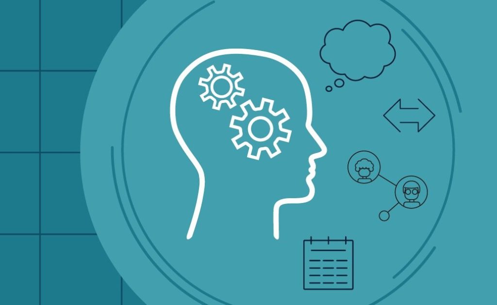 Graphic of a head in profile with gears inside, a thought bubble, a calendar, and social network icons, all in white line art on a teal background.