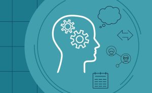 Graphic of a head in profile with gears inside, a thought bubble, a calendar, and social network icons, all in white line art on a teal background.