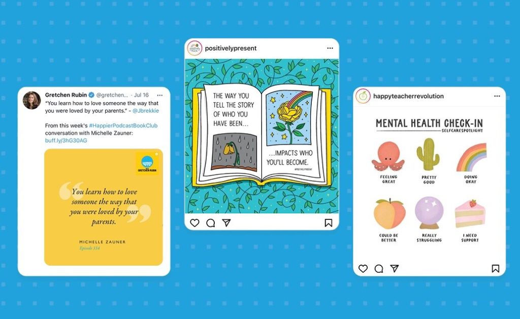 Three Instagram-style posts featuring quotes and graphics related to emotions and personal growth.