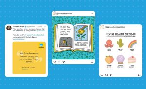 Three Instagram-style posts featuring quotes and graphics related to emotions and personal growth.