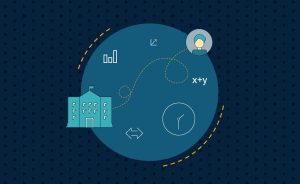 A graphic with a school building, a person icon, and various symbols on a dark blue background.
