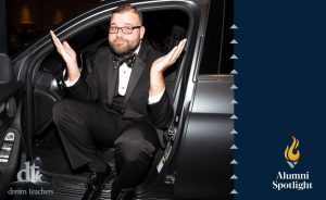 Ace alum, Spencer Kiper, sitting in the driver seat of a car, shrugging at the camera, with the text Alumni Spotlight and Dream teachers.