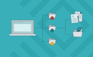 Graphic of a laptop connected to folders and files.