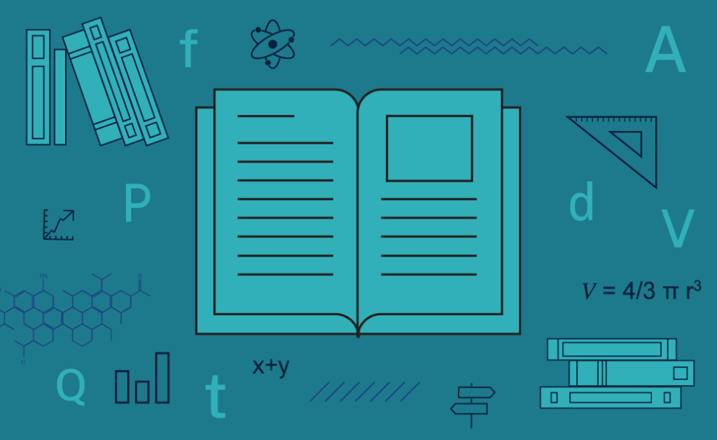 An open book surrounded by various educational symbols and letters against a teal background.
