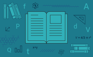 An open book surrounded by various educational symbols and letters against a teal background.