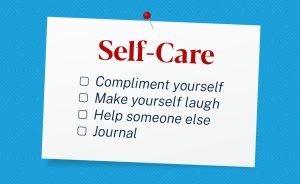 A handwritten note titled "Self-Care" with a bulleted list of self-care activities.