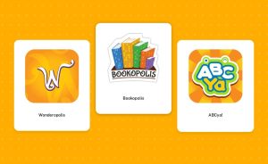 Three reading app logos on a yellow surface.