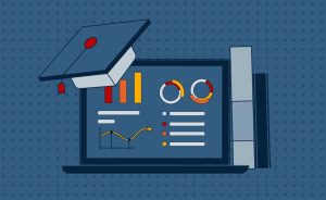 A laptop with data visualizations and a graduation cap.