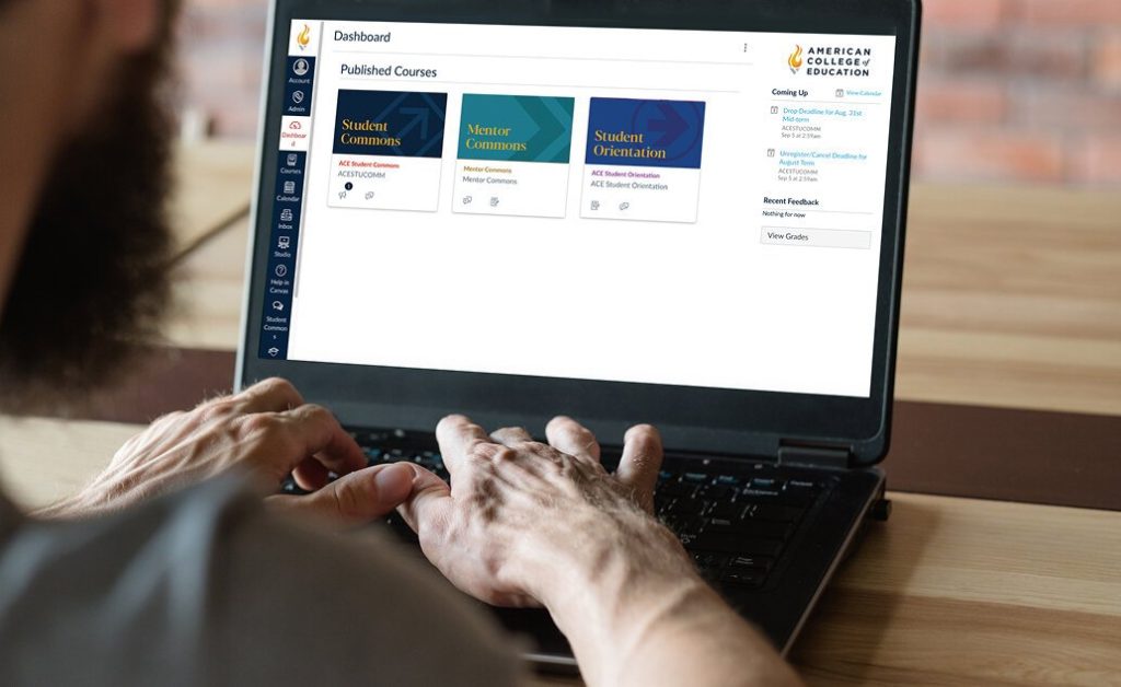 Male on laptop with America College of Education courses on screen.
