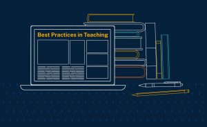 A laptop screen displaying "Best Practices in Teaching" with a stack of books and pens beside it.