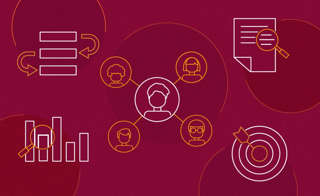 Illustration of various icons related to starting initiatives, such as a piece of paper, a flowchart, graphs and a target