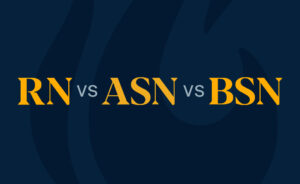 Graphic with a navy background that says RN (Registered nurse) vs ASN (associate of science in nursing) vs BSN (Bachelor of Science in Nursing) in yellow text