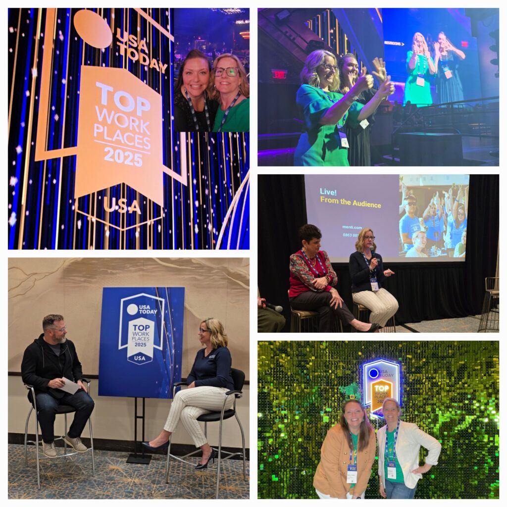 Photo collage from the USA Today Top Workplaces 2025 event featuring ACE faculty posing with signage, engaging in panel discussions, and celebrating on stage and in front of branded displays.